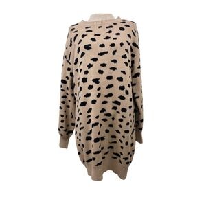 YIBOCK‎ Womens Leopard Print Long Sleeve Sweater Dress Beige Black XL